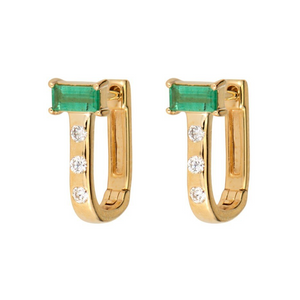 Three Stories 14k Gold Single Classic Baguette Hoop with Diamond and Emerald