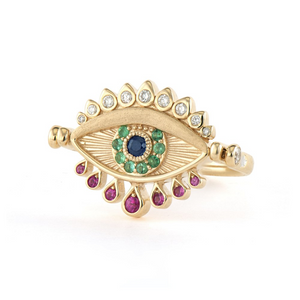 Three Stories 14k Gold Bejeweled Evil Eye and Turquoise Flip Ring