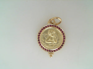 Temple St Clair 18k yellow gold halo Ruby Guardian Angle pendant