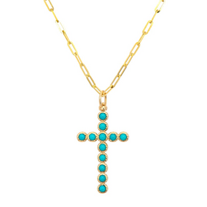 Three Stories 14k  Gold Double Sided Diamond & Turquoise Bezel Set Cross Charm