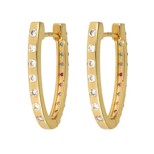 Three Stories 14k Gold Single Medium Oval Multi Sapphire Diamond Hoop Earring