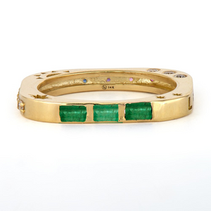 Three Stories 14k Gold Multi Stone Square Engraved LOVE Band with Emeralds & Colored Sapphires