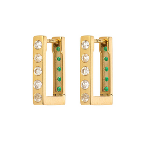 Three Stories 14k Gold Single Classic Double Sided Small Rectangular Emerald & Diamond Hoop