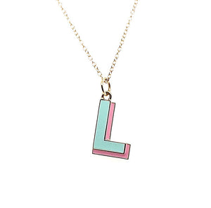 ALISON LOU - 14k yellow gold shadow "L" necklace turquoise and pink enamel