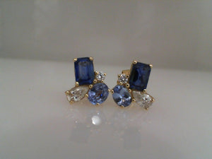 Erica Courtney 18k yellow gold blue sapphire and diamond cluster studs