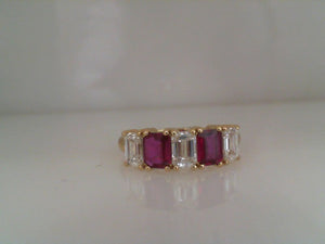 RGE 14k yellow gold 5 stone emerald cut no heat ruby and diamond ring