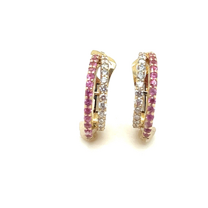 Gemma Couture 14kYellow Gold Diamond and Pink Sapphire Double Row Huggies