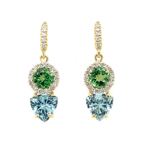 Lauren K - Tsavorite and Diamond Halo with Trillion Cut Aquamarine Earrings, 18k Yellow Gold