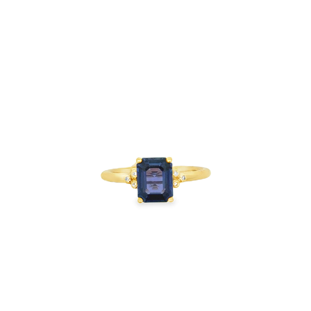 Erica Courtney 18k yellow gold Grace ring featuring an emerald cut blu ...