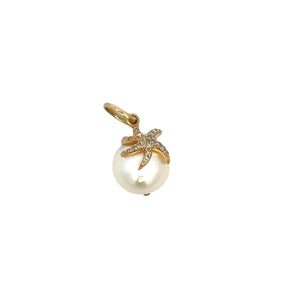 Sayble 14k yellow gold diamond starfish on round white pearl pendant