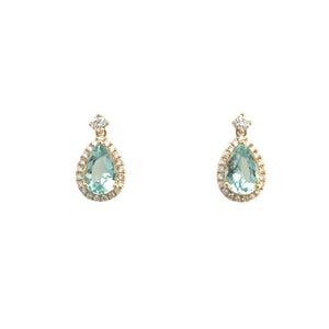 Ylang Ylang 14k yellow gold pear Aquamarine and diamond halo earrings