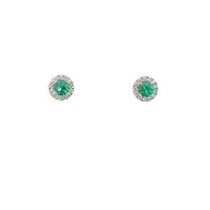 Ylang Ylang 14k white gold emerald and diamond halo stud earrings