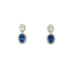 Ylang Ylang 18k white gold blue sapphire and diamond halo drop earrings