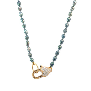 Erica Courtney 18k yellow gold diamond heart clasp Tahitian pearl knotted necklace 17"