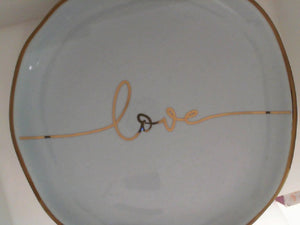 Blue and gold round Love trinket dish