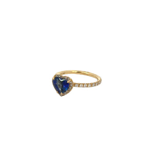 Erica Courtney 18k yellow gold Cora heart shaped Blue sapphire and diamond ring